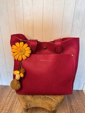 Summer Neutral Tan Gerbera Daisy Purse Charm Genuine Leather Flower Bag Charm